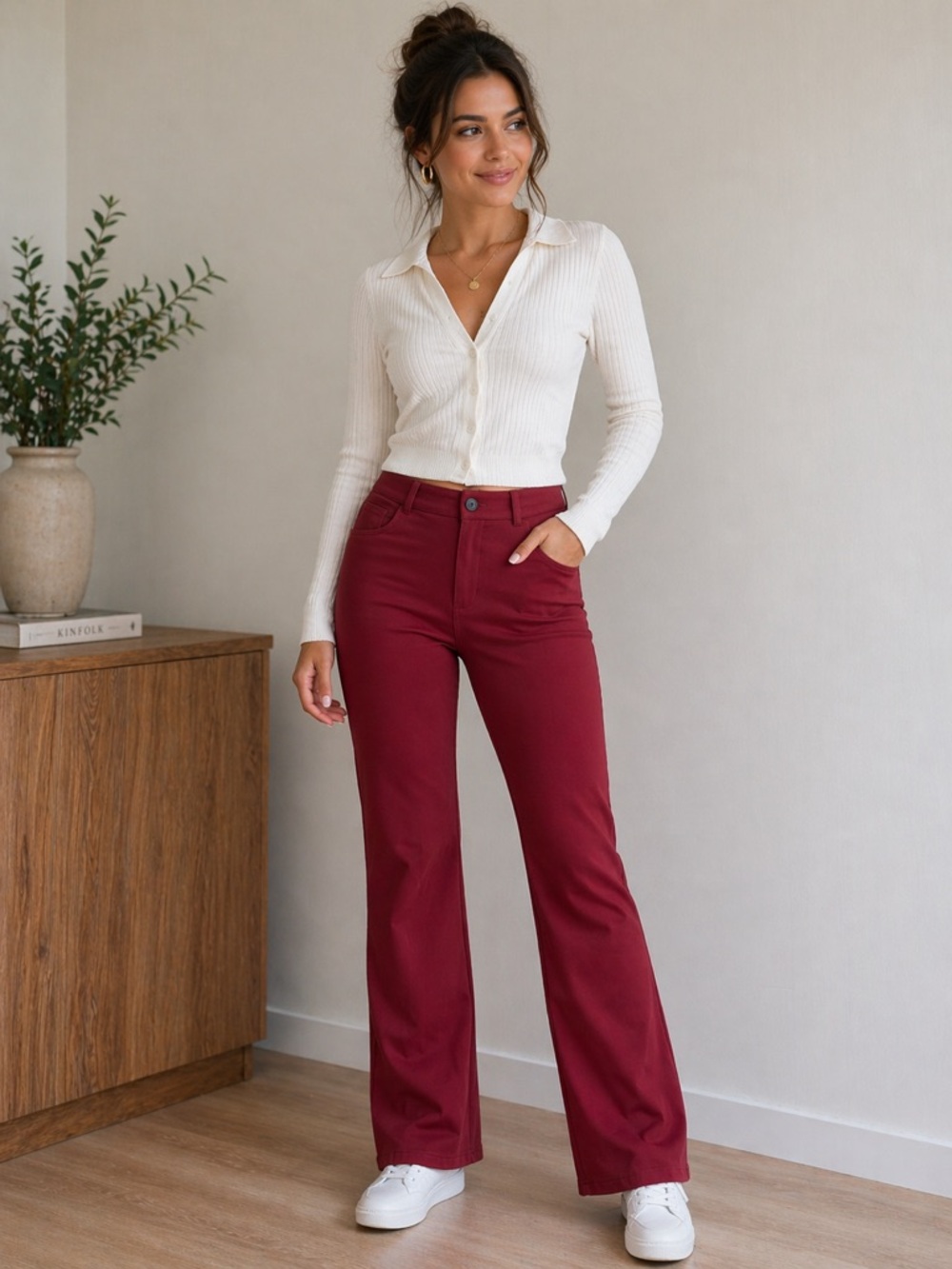 High-Rise Boot Cut Stretch Pants in Wine